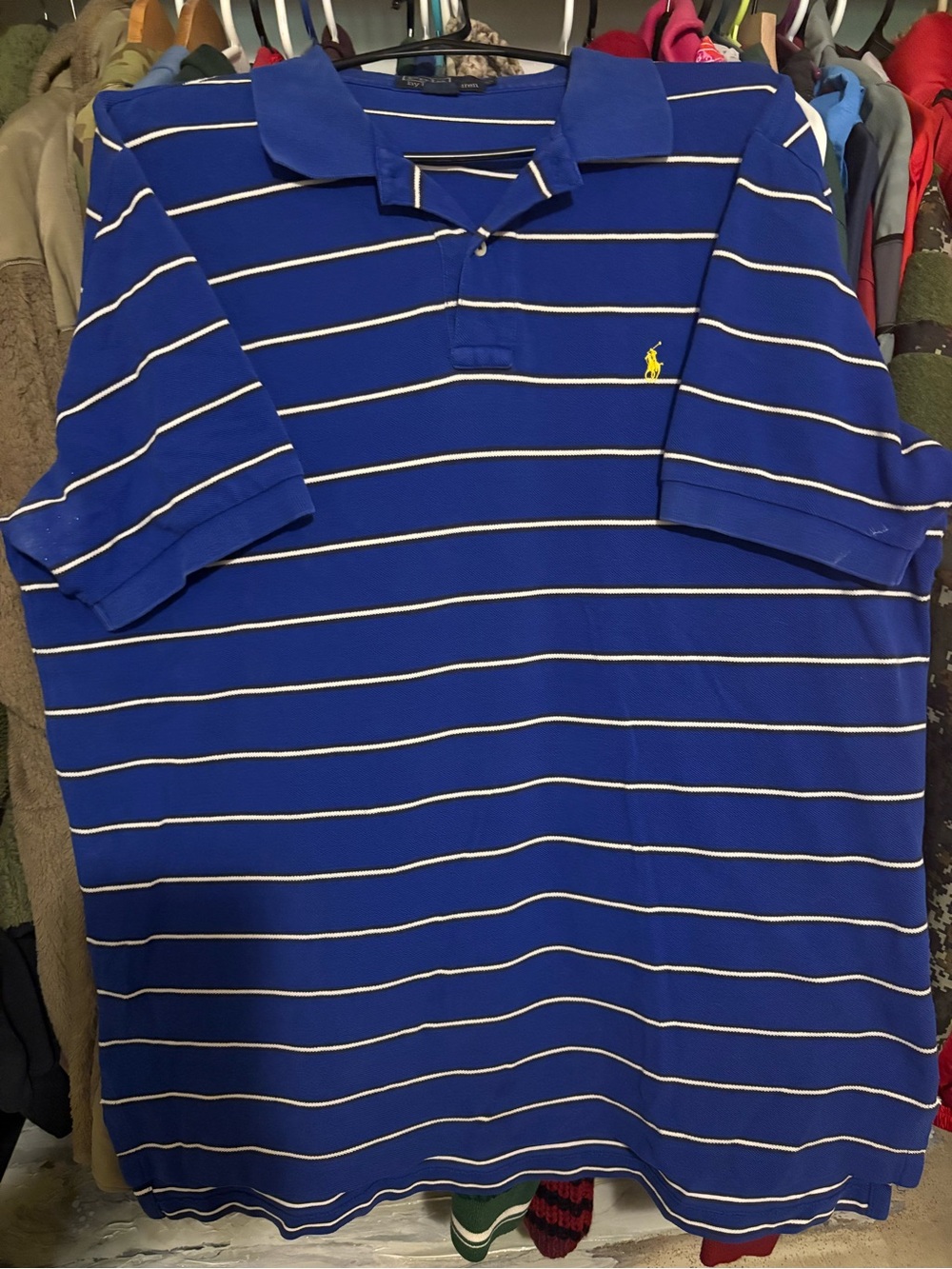 Men’s Vintage Ralph Lauren Blue Striped Polo with Yellow Pony